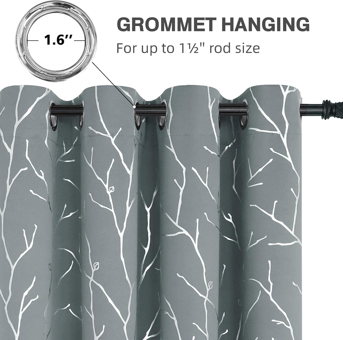 Elegant Light Grey Blackout Curtains with Silver Tree Branch Print, 63-Inch Length, Set of 2 Panels, 38W x 63L