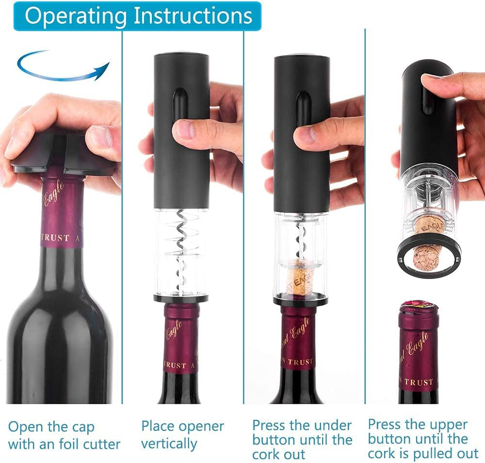 Automatic Electric Wine Opener Set - Rechargeable Stainless Steel Corkscrew with Foil Cutter and USB Charging Cable