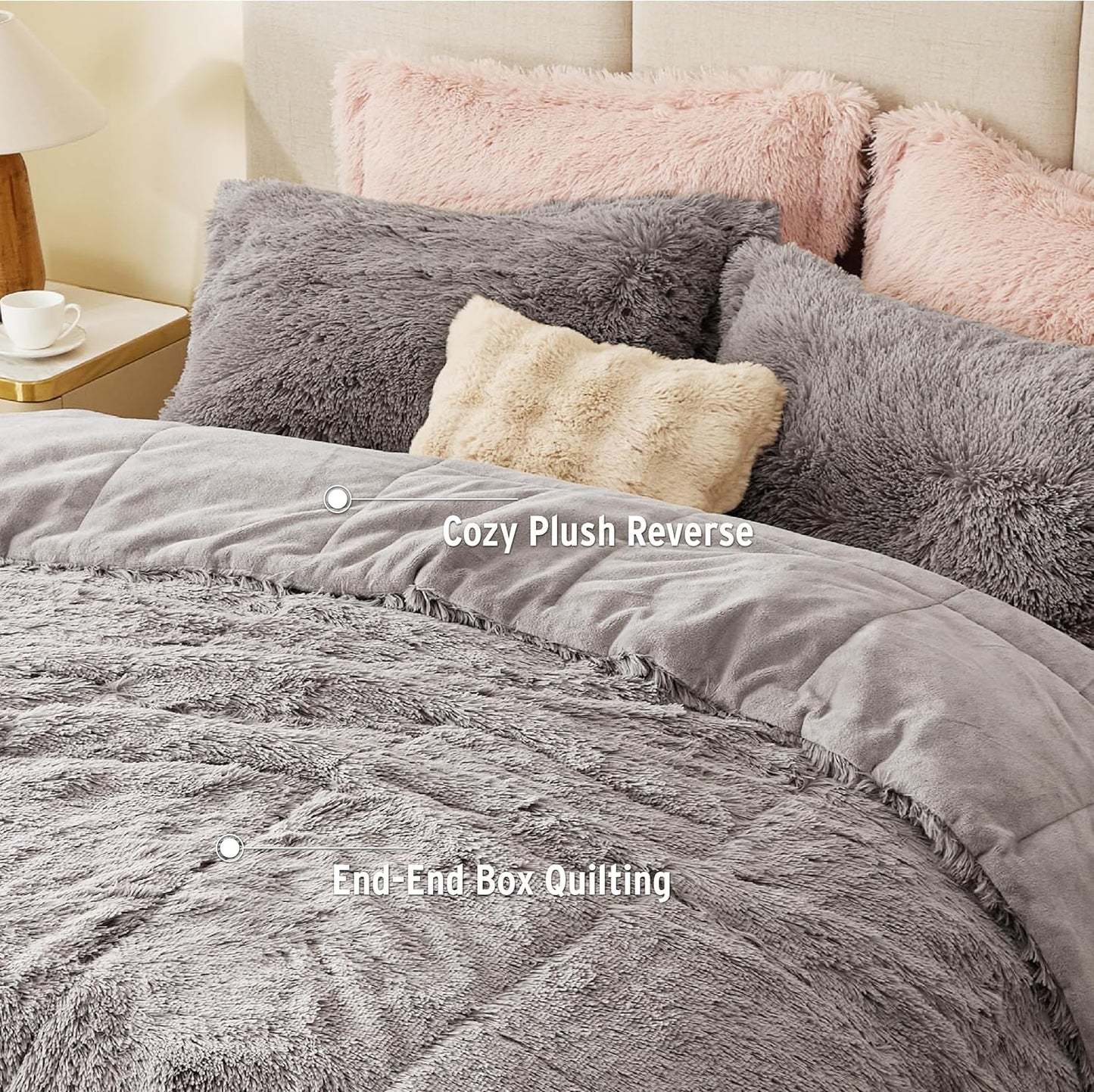 Malea Shaggy Comforter Set - Long Faux Fur Cozy Down Alternative, Modern Ultra Soft All-Season Bedding with Matching Sham, King/Cal King, Grey, 3 Piece