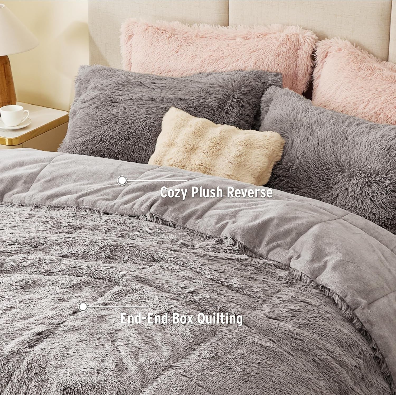 Malea Shaggy Comforter Set - Long Faux Fur Cozy Down Alternative, Modern Ultra Soft All-Season Bedding with Matching Sham, King/Cal King, Grey, 3 Piece