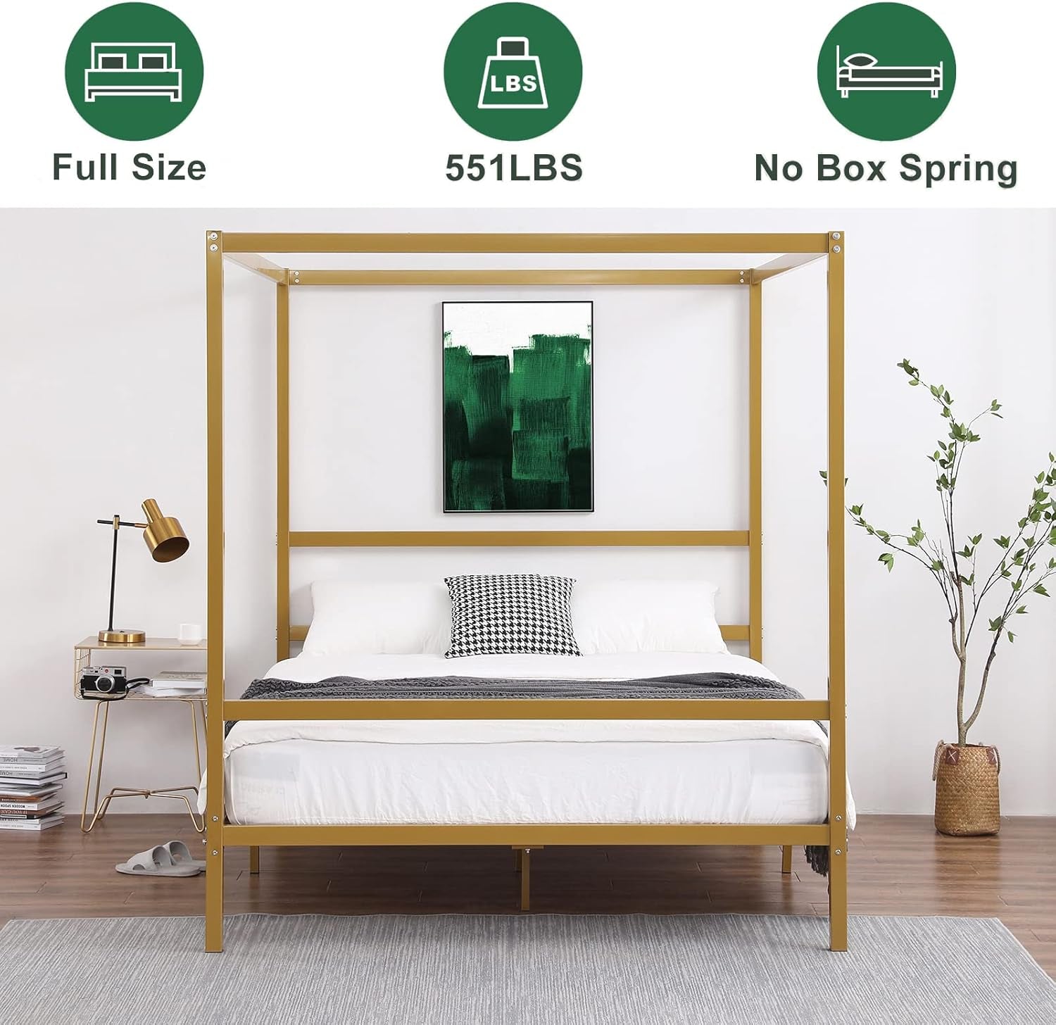 Full Size Gold Canopy Bed Frame with Headboard and 11-Inch Under-Bed Storage