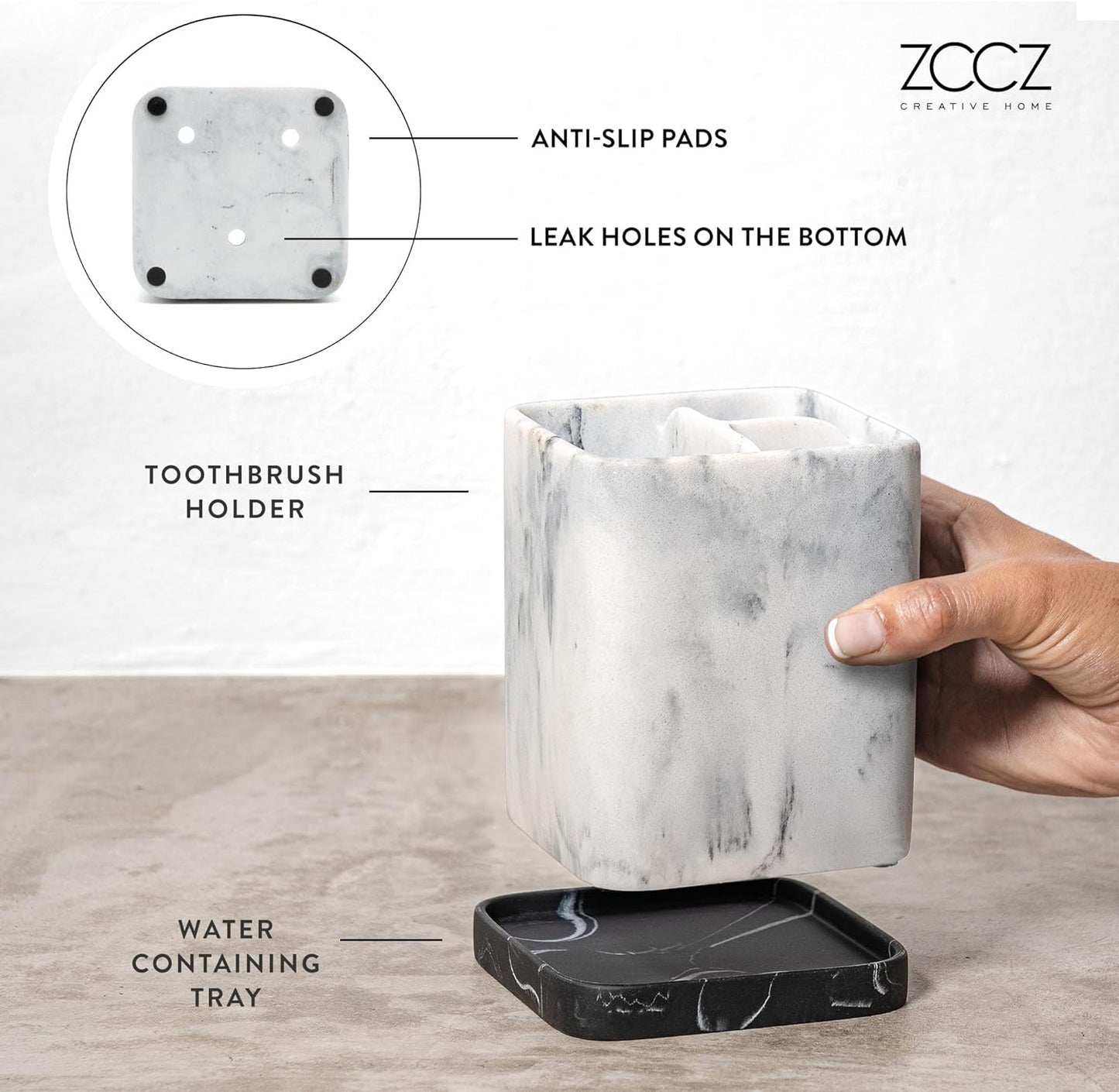 Marble-Effect Electric Toothbrush and Makeup Brush Holder with Detachable Tray - Bathroom Organizer for Countertop Use