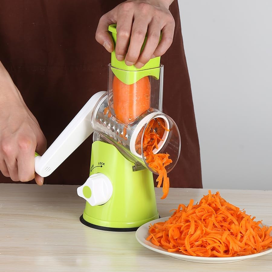 Hand Crank Rotary Cheese Grater and Kitchen Shredder with Drum Blades for Cheese, Vegetables, Nuts, and Chocolate - Includes 3 Blades, Green