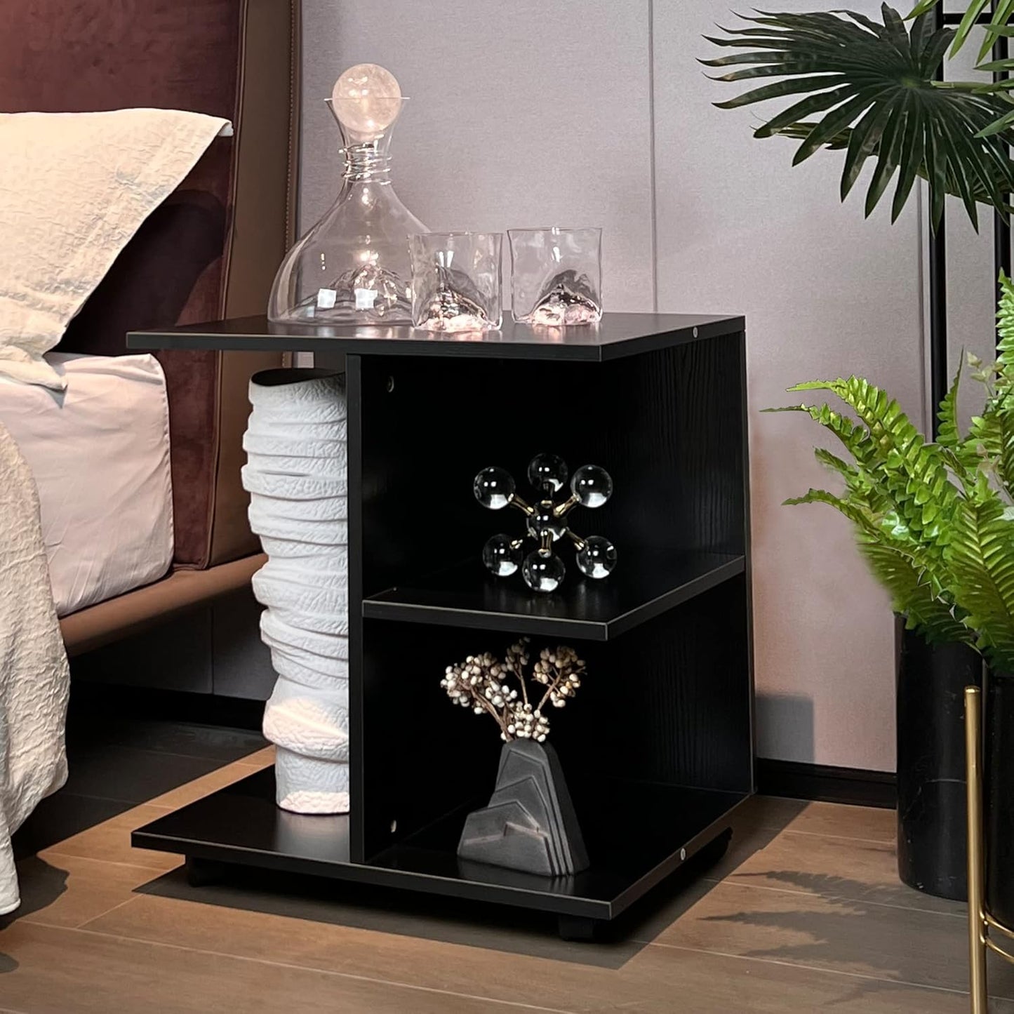 Modern Nightstand with Open Shelf and Rolling Wheels, Wood Bedside Table in Black Finish