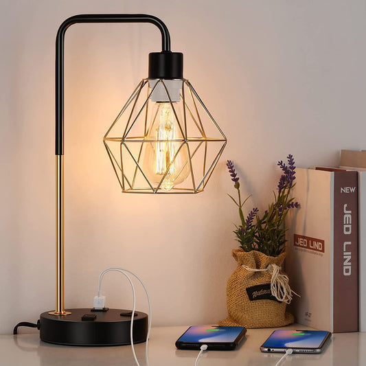 Industrial USB Desk Lamp - Vintage Gold Metal Cage Table Lamp with Dual USB Ports and AC Outlet for Bedroom, Living Room, and Office