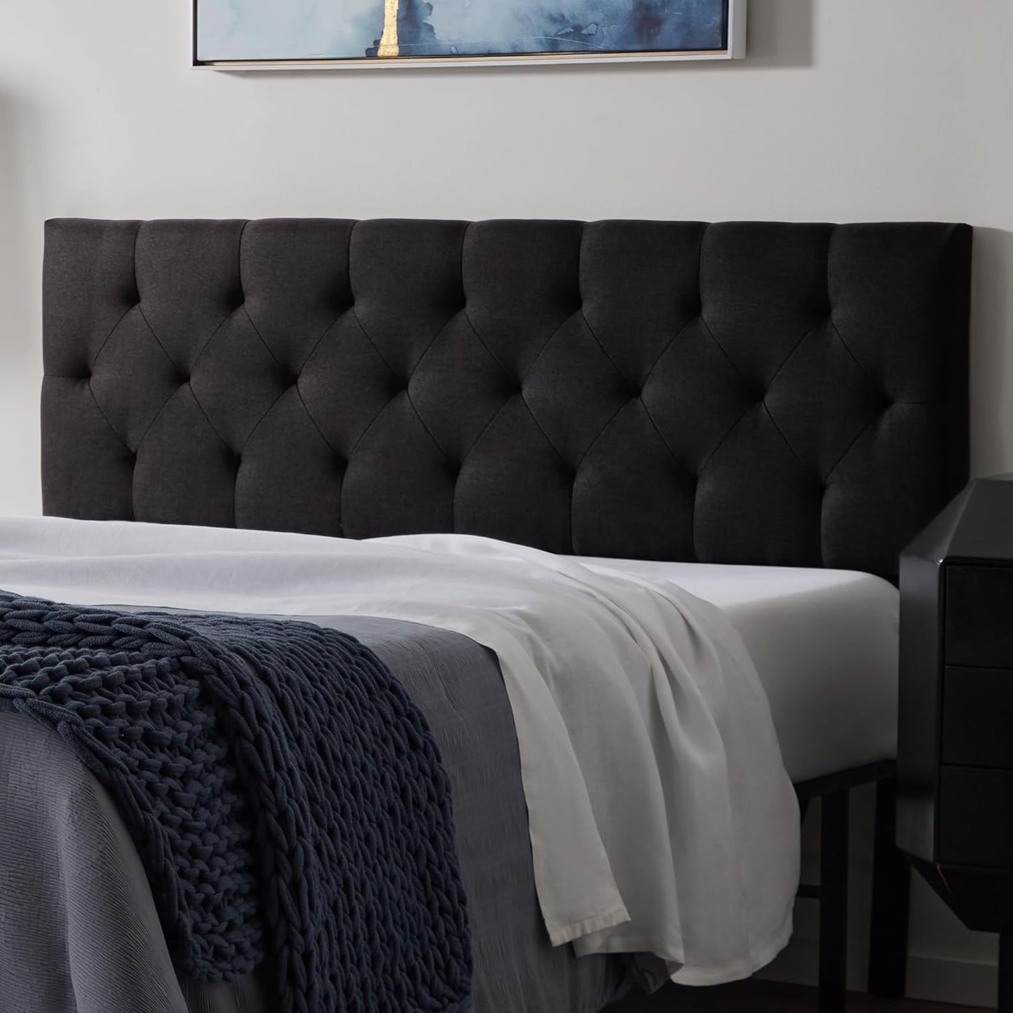 Queen Size Mid-Rise Upholstered Headboard with Diamond Tufting - Adjustable Height 34” to 46” - Padded Polyester - Versatile Bed Frame or Wall Mount - Sturdy Black Design - Easy Assembly