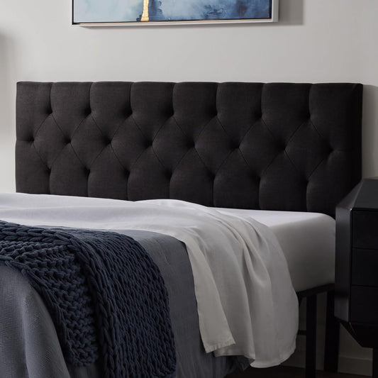 Queen Size Mid-Rise Upholstered Headboard with Diamond Tufting - Adjustable Height 34” to 46” - Padded Polyester - Versatile Bed Frame or Wall Mount - Sturdy Black Design - Easy Assembly