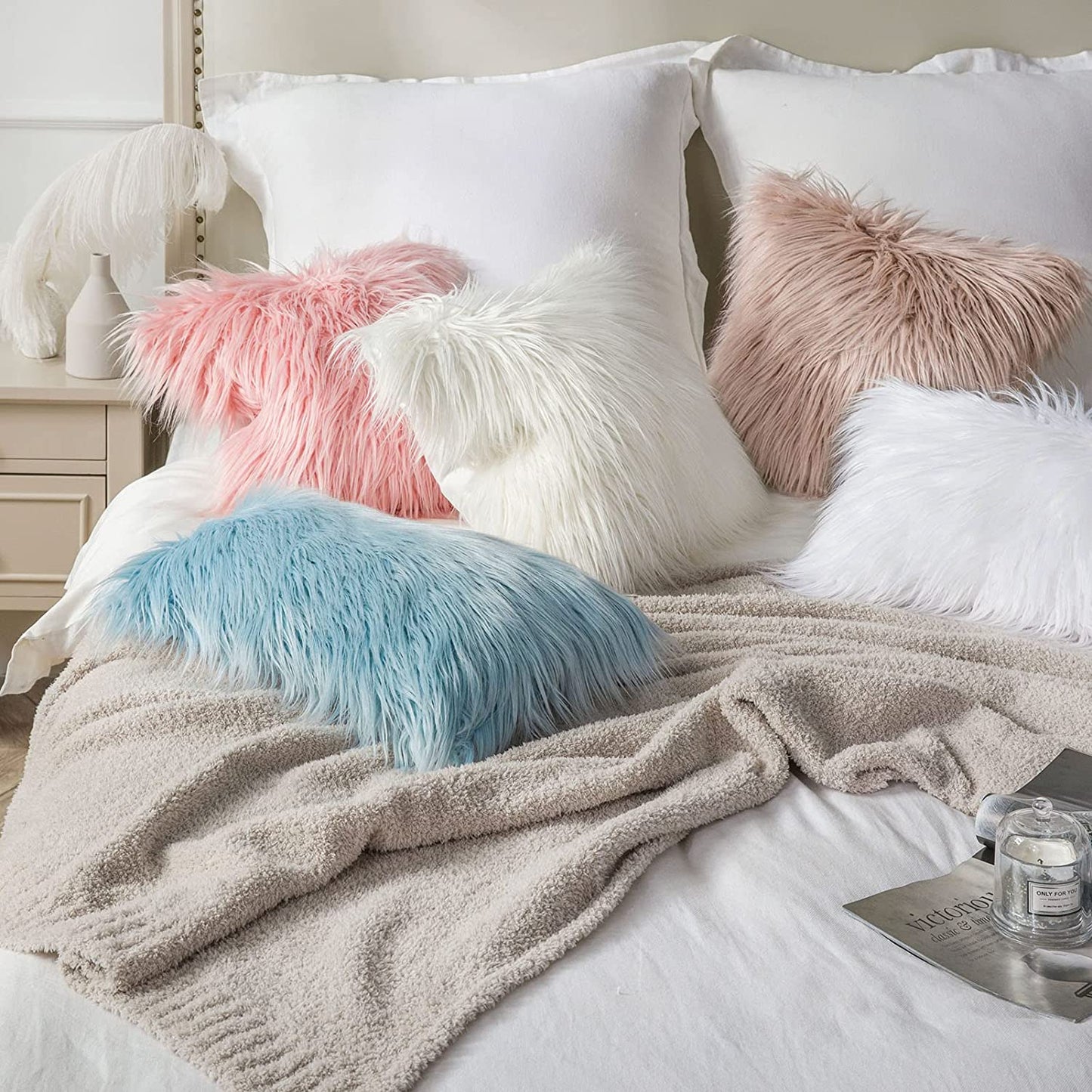 Mongolian Luxury Faux Fur Decorative Pillow Cover, Fluffy True White Cushion Case for Bedroom and Couch, 18 x 18 Inches