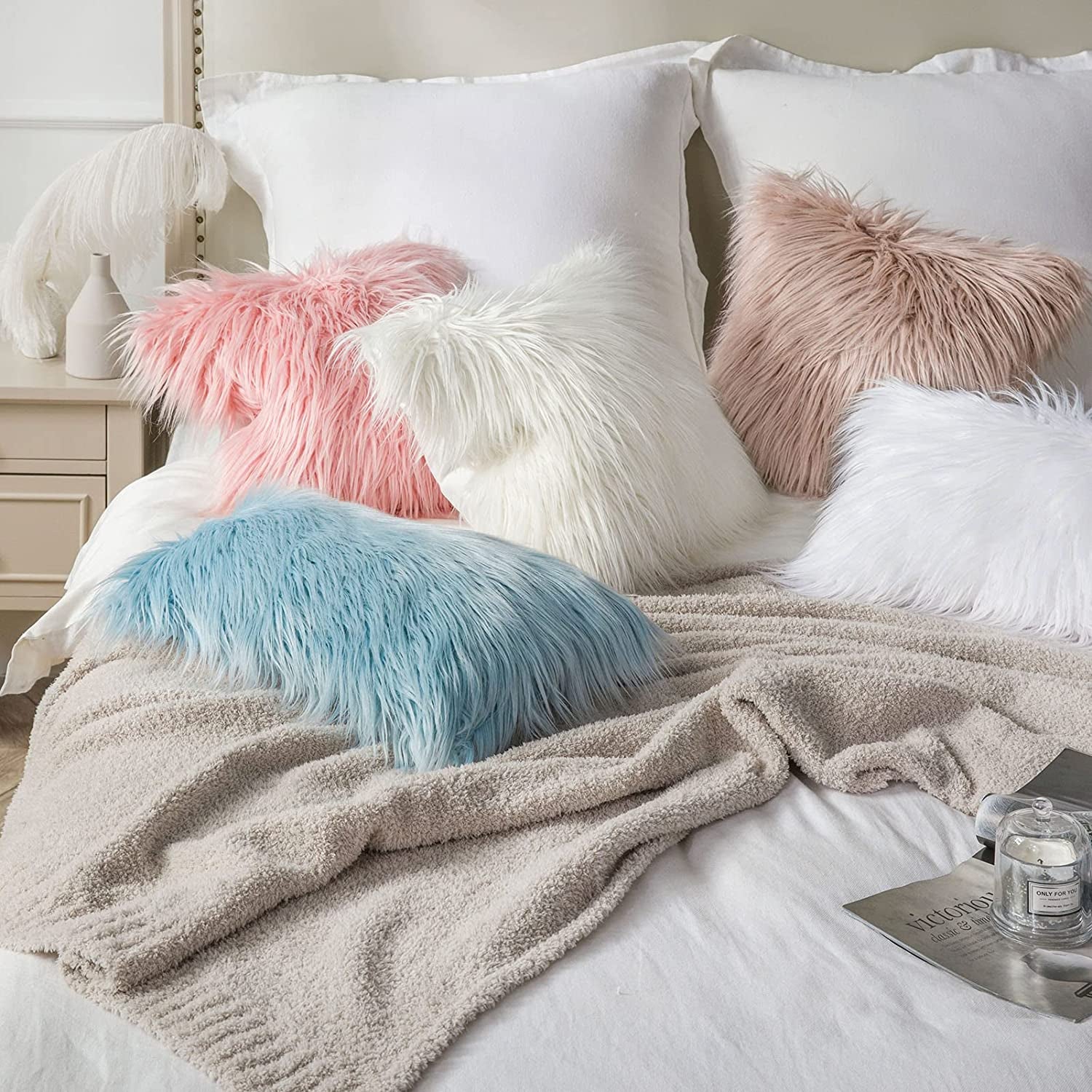 Mongolian Luxury Faux Fur Decorative Pillow Cover, Fluffy True White Cushion Case for Bedroom and Couch, 18 x 18 Inches