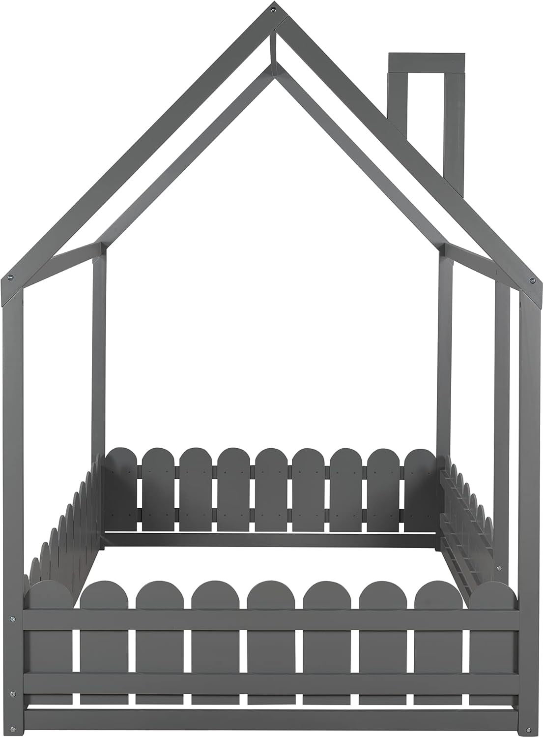 Full-Size House Bed for Children with Roof and Fence, Wooden Bed Frame for Kids, Teens, and Nursery, Easy Assembly Cabin Floor Bed