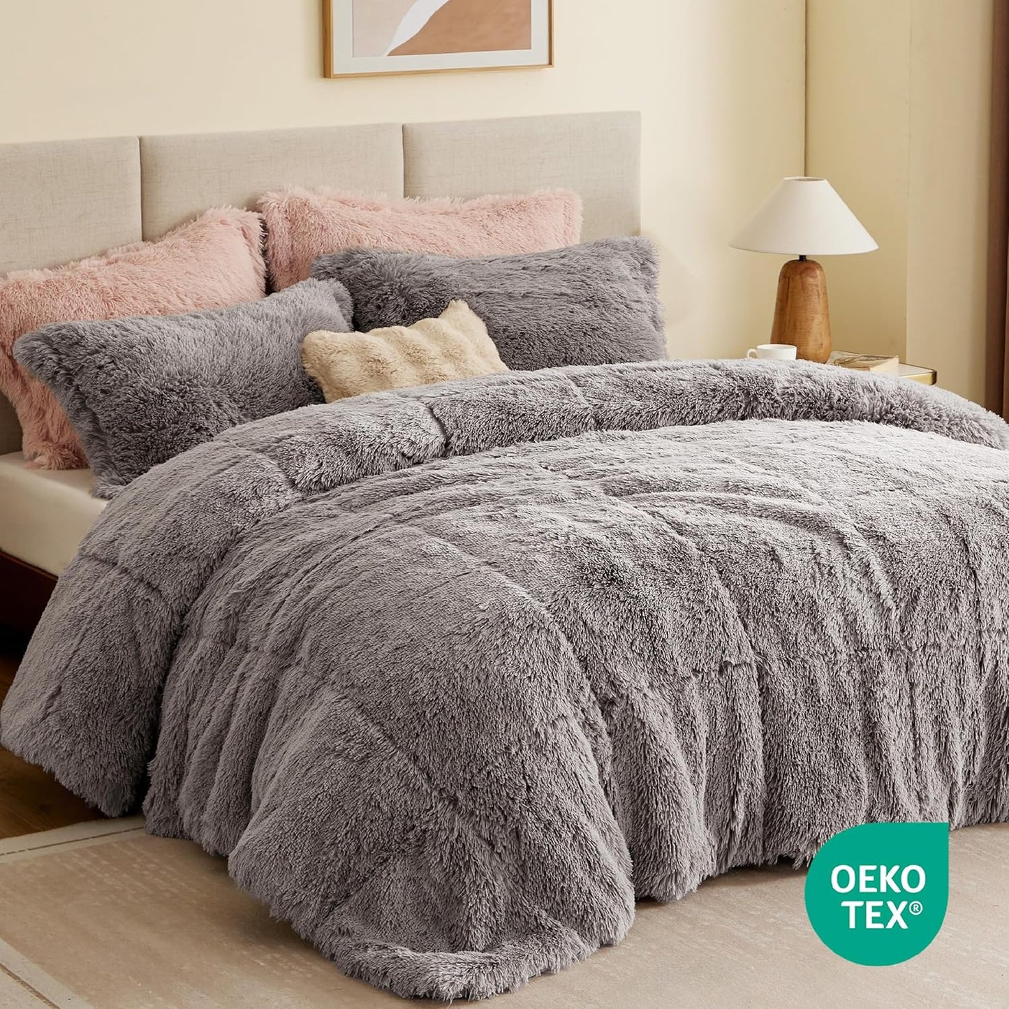 Malea Shaggy Comforter Set - Long Faux Fur Cozy Down Alternative, Modern Ultra Soft All-Season Bedding with Matching Sham, King/Cal King, Grey, 3 Piece
