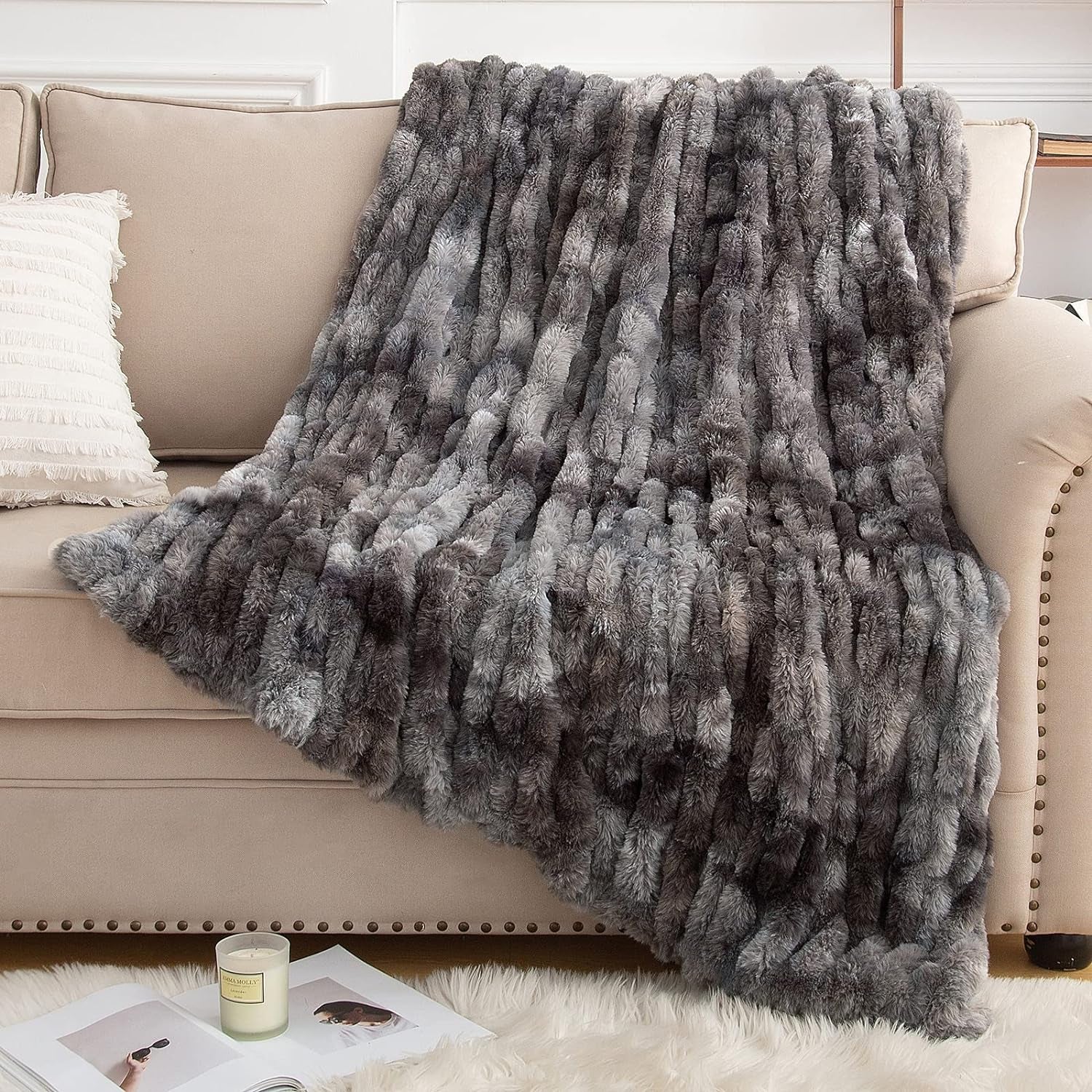 Luxurious Dark Gray Ruched Faux Fur Throw Blanket, 50" x 60" - Cozy Fuzzy Blanket for Couch and Bed
