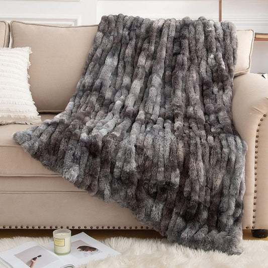 Luxurious Dark Gray Ruched Faux Fur Throw Blanket, 50" x 60" - Cozy Fuzzy Blanket for Couch and Bed