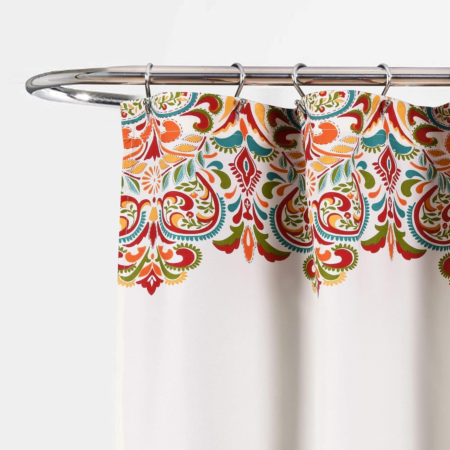 Clara Fabric Shower Curtain - Colorful Bohemian Paisley Damask Print, 72” x 72”, Turquoise & Tangerine
