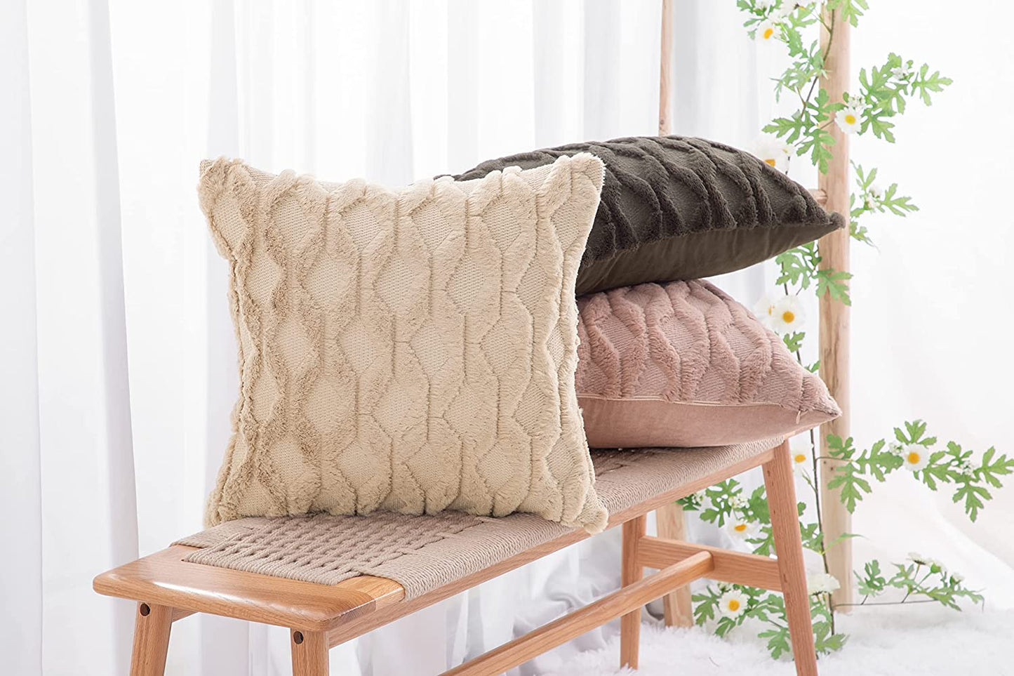 Set of 2 Luxury Light Brown Soft Plush Short Wool Velvet Decorative Throw Pillow Covers 26x26 Inch for Sofa and Bedroom