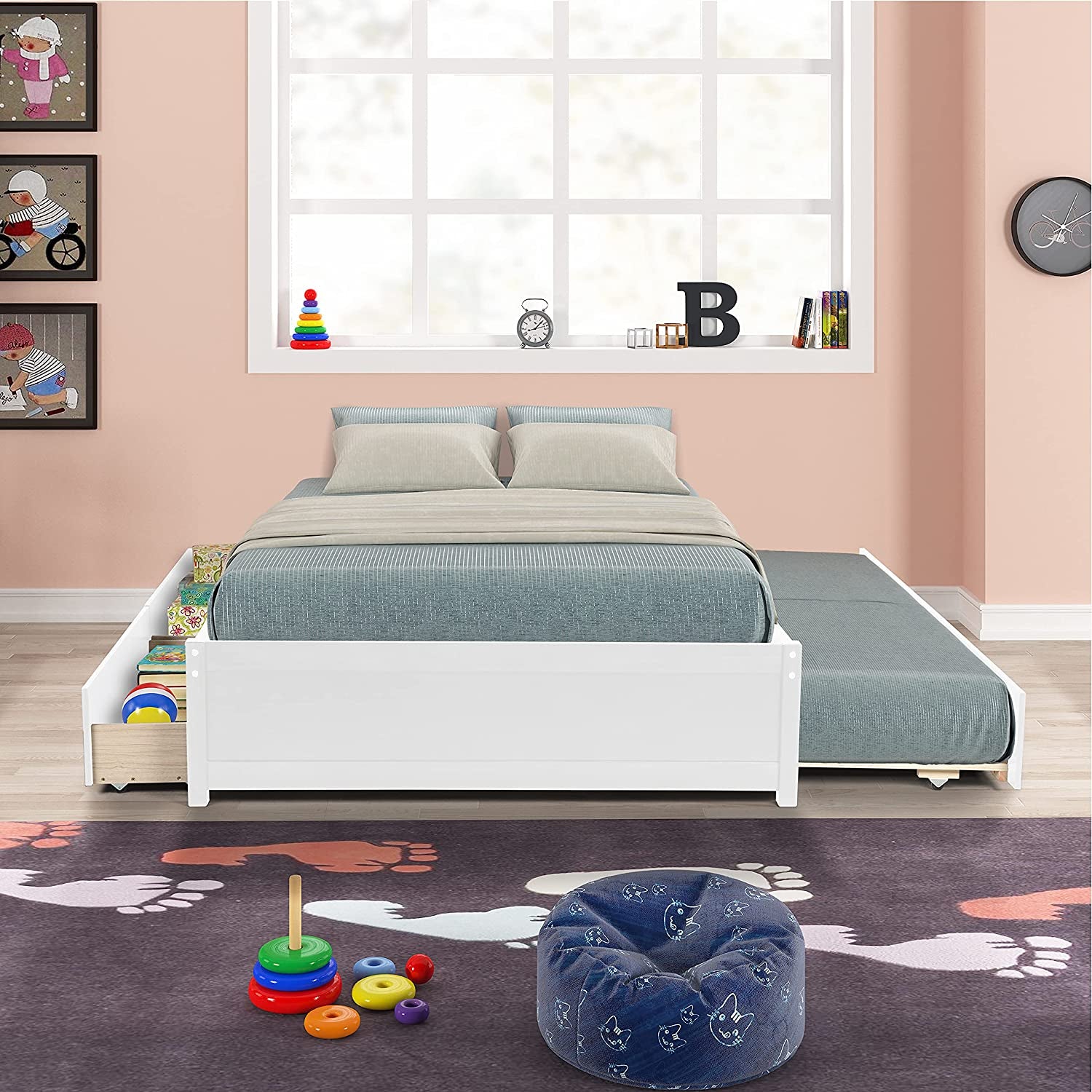 Full Bed with Trundle and Dual Storage Drawers, Space-Saving Wood Platform Bed Frame for All Ages (Full, White)