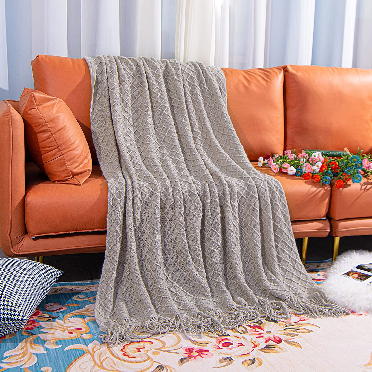Lightweight Acrylic Knitted Throw Blanket - Soft and Cozy Decorative Woven Blanket with Tassels for Travel, Couch, Bed, and Sofa, 51x67 Inches, Taupe Checkered