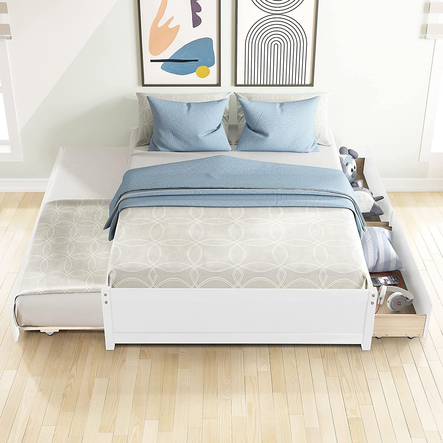 Full Bed with Trundle and Dual Storage Drawers, Space-Saving Wood Platform Bed Frame for All Ages (Full, White)