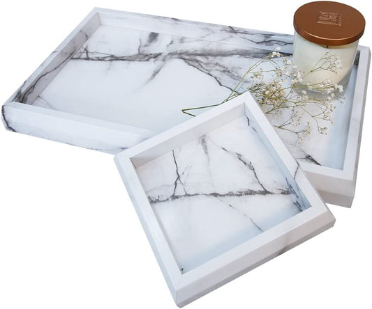 Set of 2 Marble Print Vanity Trays for Women - Elegant Faux Marble Decorative Catchall for Entryway, Perfume and Candle Display, Cosmetics Storage, and Jewelry Organization (Wooden, Marble White)