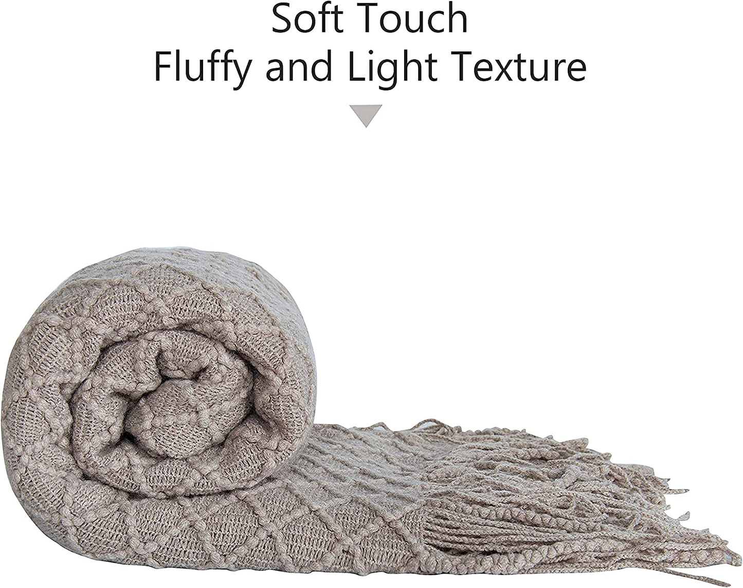 Lightweight Acrylic Knitted Throw Blanket - Soft and Cozy Decorative Woven Blanket with Tassels for Travel, Couch, Bed, and Sofa, 51x67 Inches, Taupe Checkered