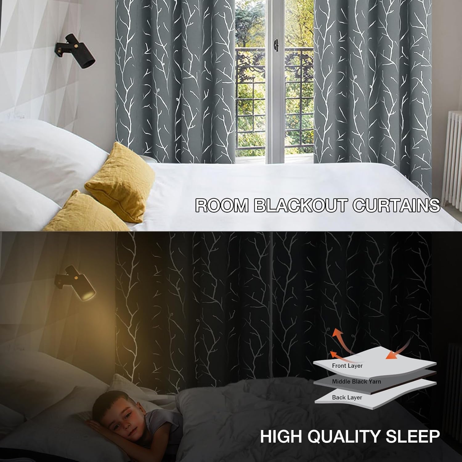 Elegant Light Grey Blackout Curtains with Silver Tree Branch Print, 63-Inch Length, Set of 2 Panels, 38W x 63L