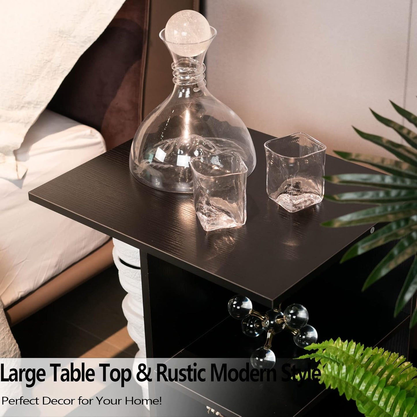 Modern Nightstand with Open Shelf and Rolling Wheels, Wood Bedside Table in Black Finish