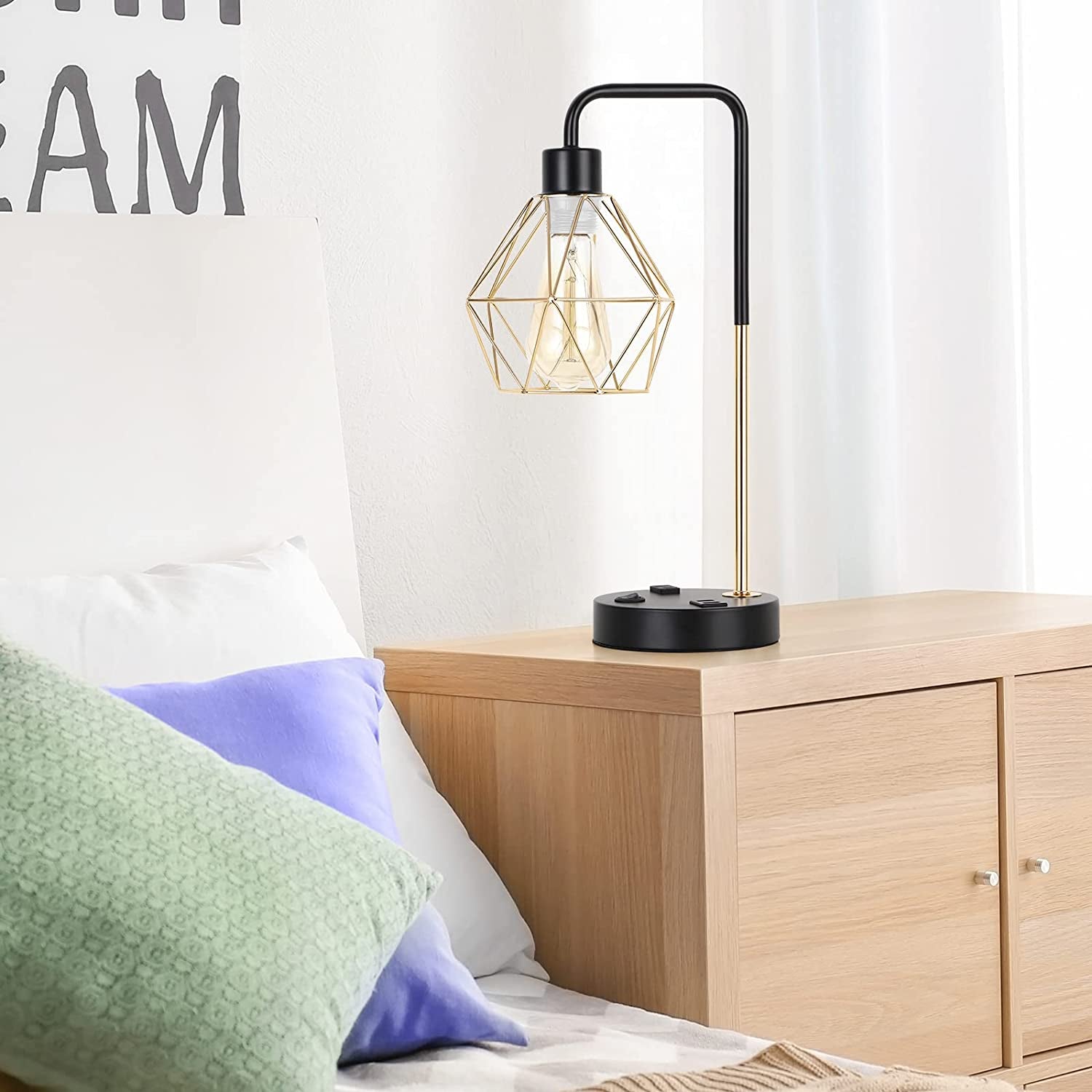 Industrial USB Desk Lamp - Vintage Gold Metal Cage Table Lamp with Dual USB Ports and AC Outlet for Bedroom, Living Room, and Office