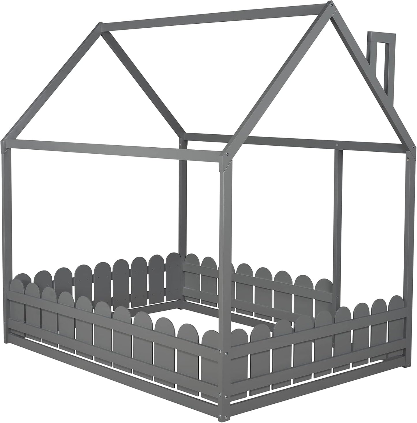 Full-Size House Bed for Children with Roof and Fence, Wooden Bed Frame for Kids, Teens, and Nursery, Easy Assembly Cabin Floor Bed