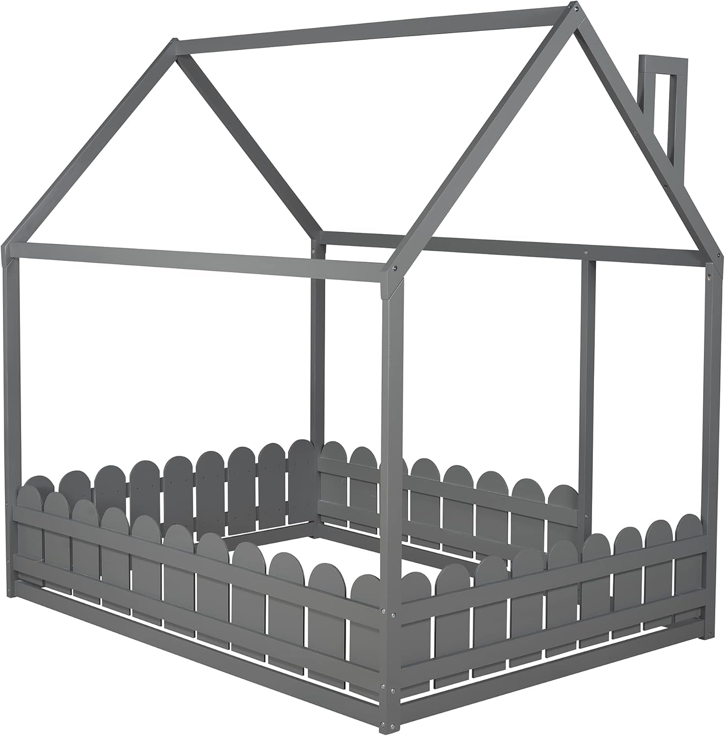 Full-Size House Bed for Children with Roof and Fence, Wooden Bed Frame for Kids, Teens, and Nursery, Easy Assembly Cabin Floor Bed