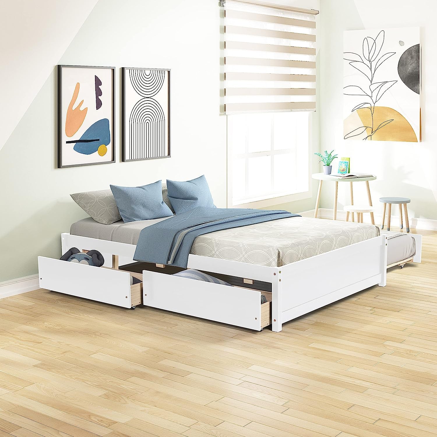 Full Bed with Trundle and Dual Storage Drawers, Space-Saving Wood Platform Bed Frame for All Ages (Full, White)