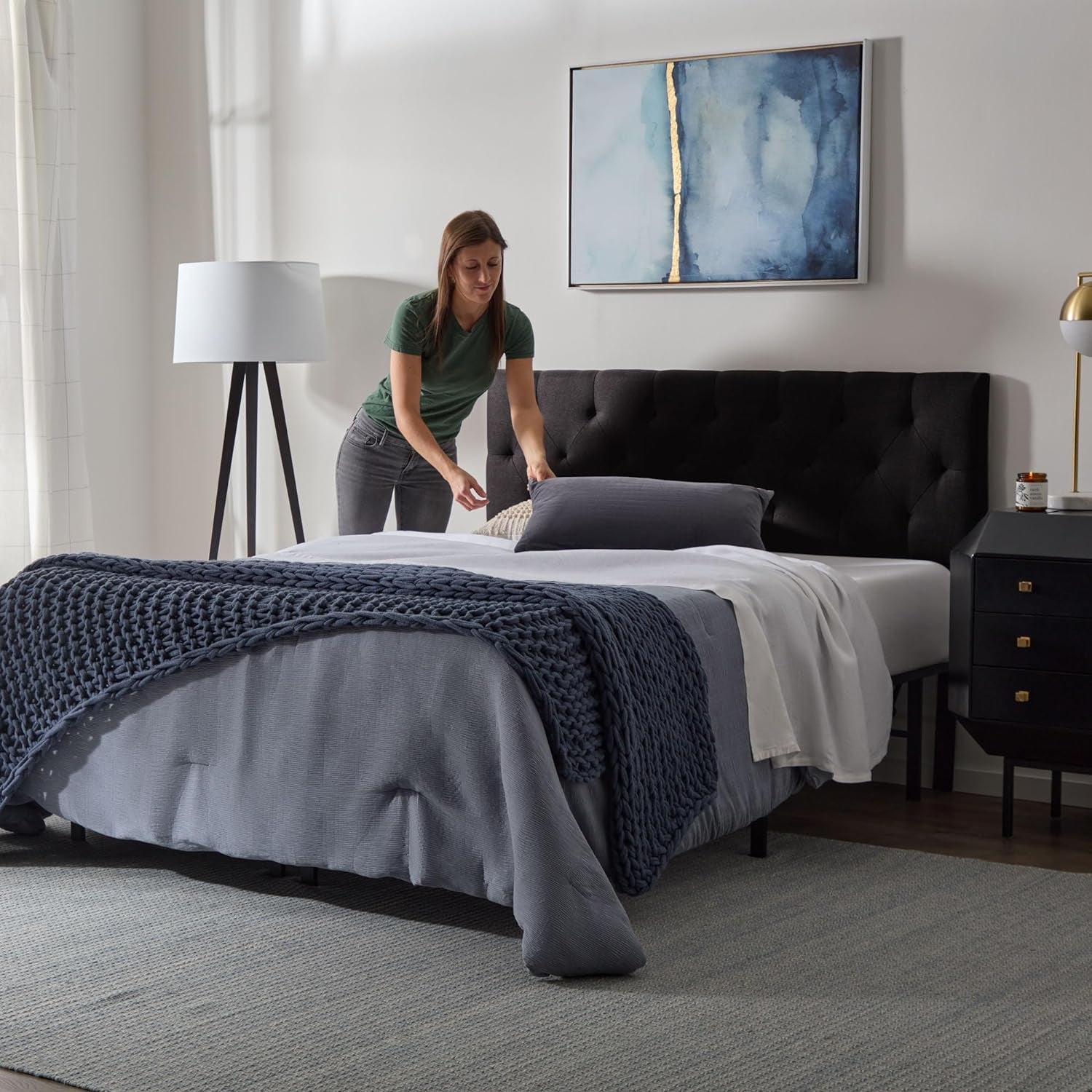 Queen Size Mid-Rise Upholstered Headboard with Diamond Tufting - Adjustable Height 34” to 46” - Padded Polyester - Versatile Bed Frame or Wall Mount - Sturdy Black Design - Easy Assembly