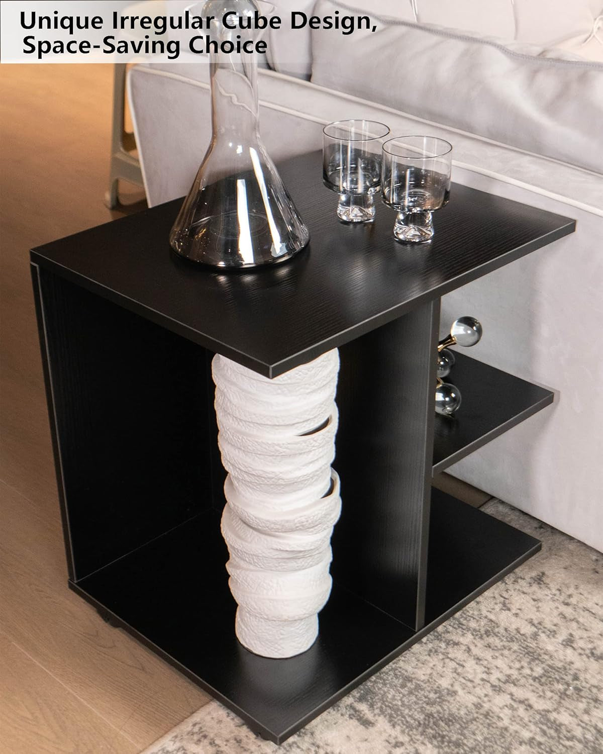 Modern Nightstand with Open Shelf and Rolling Wheels, Wood Bedside Table in Black Finish