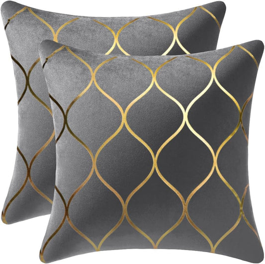 Gold Velvet Decorative Throw Pillow Covers - Set of 2, 18x18 Inch Square Cases for Bedroom, Sofa, and Living Room, Light Grey