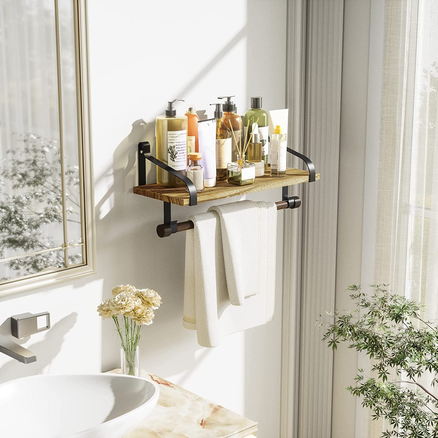 Rustic Carbonized Black Floating Shelf with Towel Bar and 8 Removable Hooks for Kitchen Spice Organization and Utensil Storage