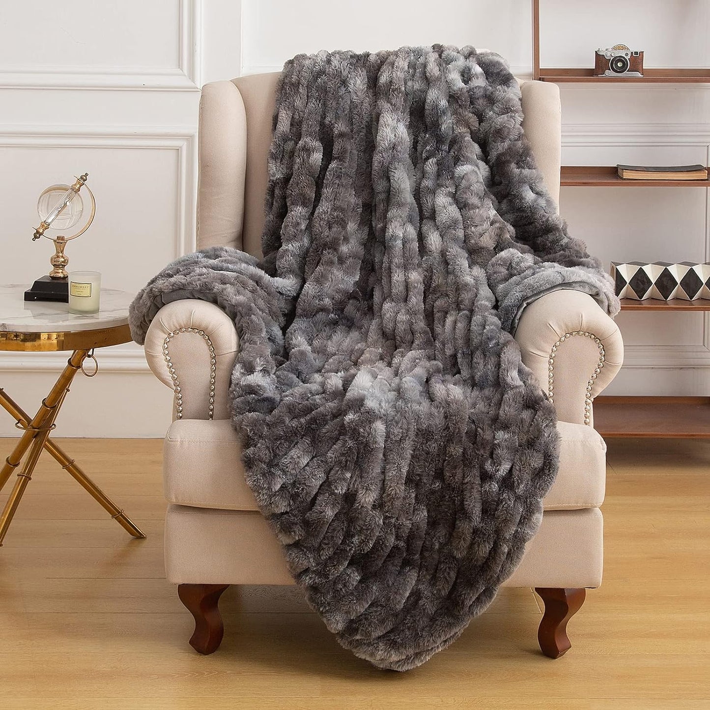 Luxurious Dark Gray Ruched Faux Fur Throw Blanket, 50" x 60" - Cozy Fuzzy Blanket for Couch and Bed