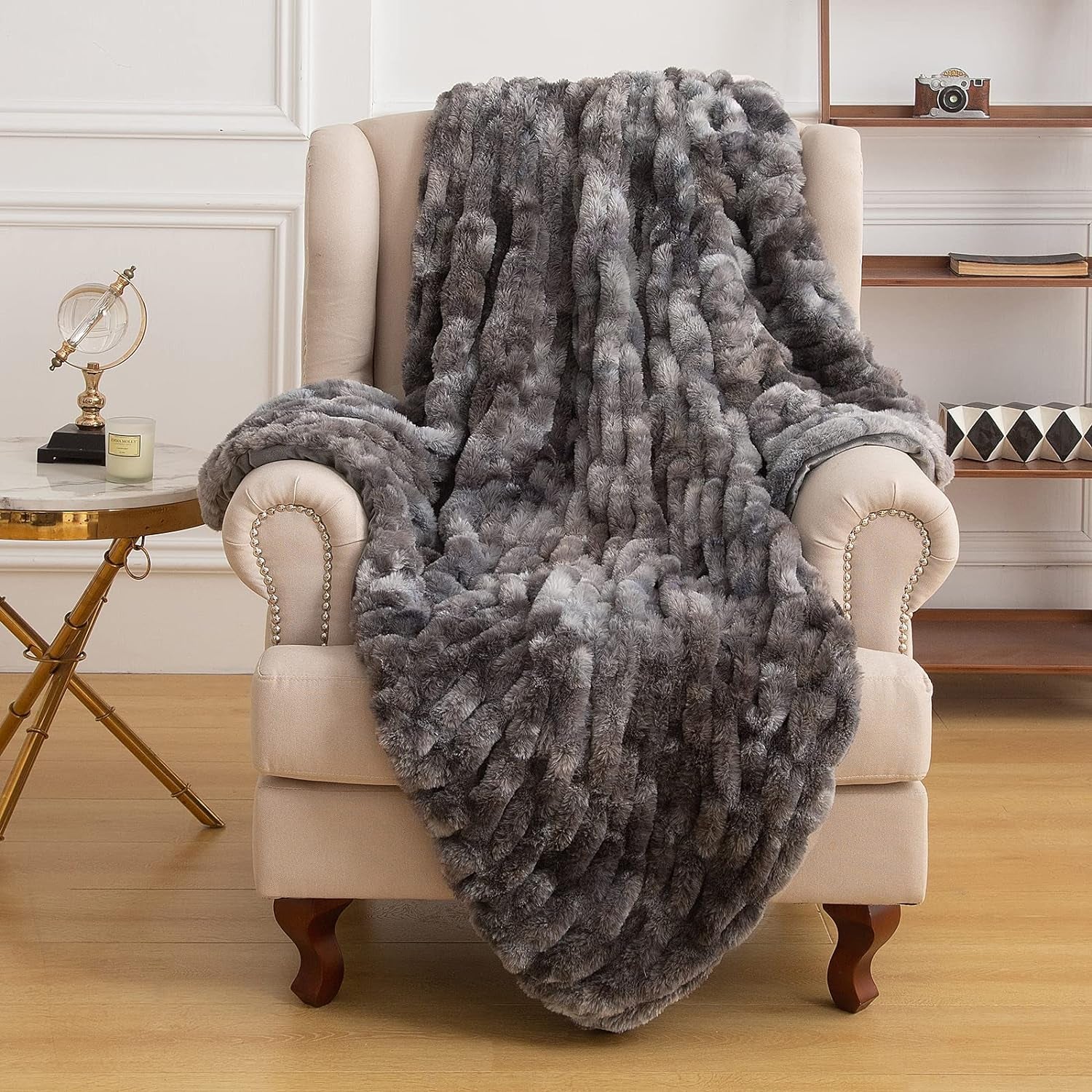 Luxurious Dark Gray Ruched Faux Fur Throw Blanket, 50" x 60" - Cozy Fuzzy Blanket for Couch and Bed
