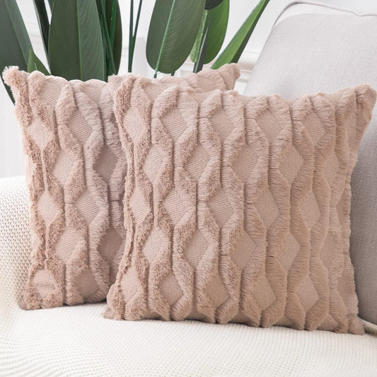 Set of 2 Luxury Light Brown Soft Plush Short Wool Velvet Decorative Throw Pillow Covers 26x26 Inch for Sofa and Bedroom