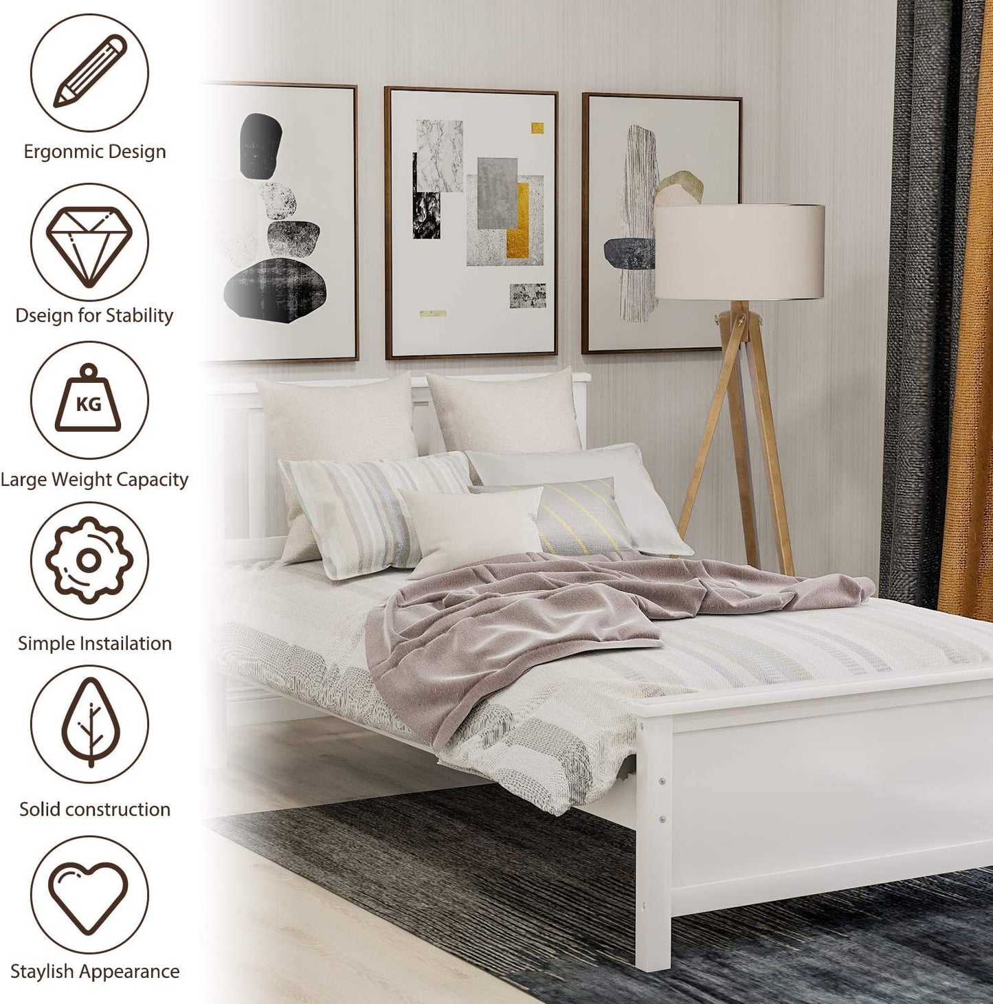 Classic White Wood Twin Bed Frame with Headboard and Footboard - No Box Spring Required