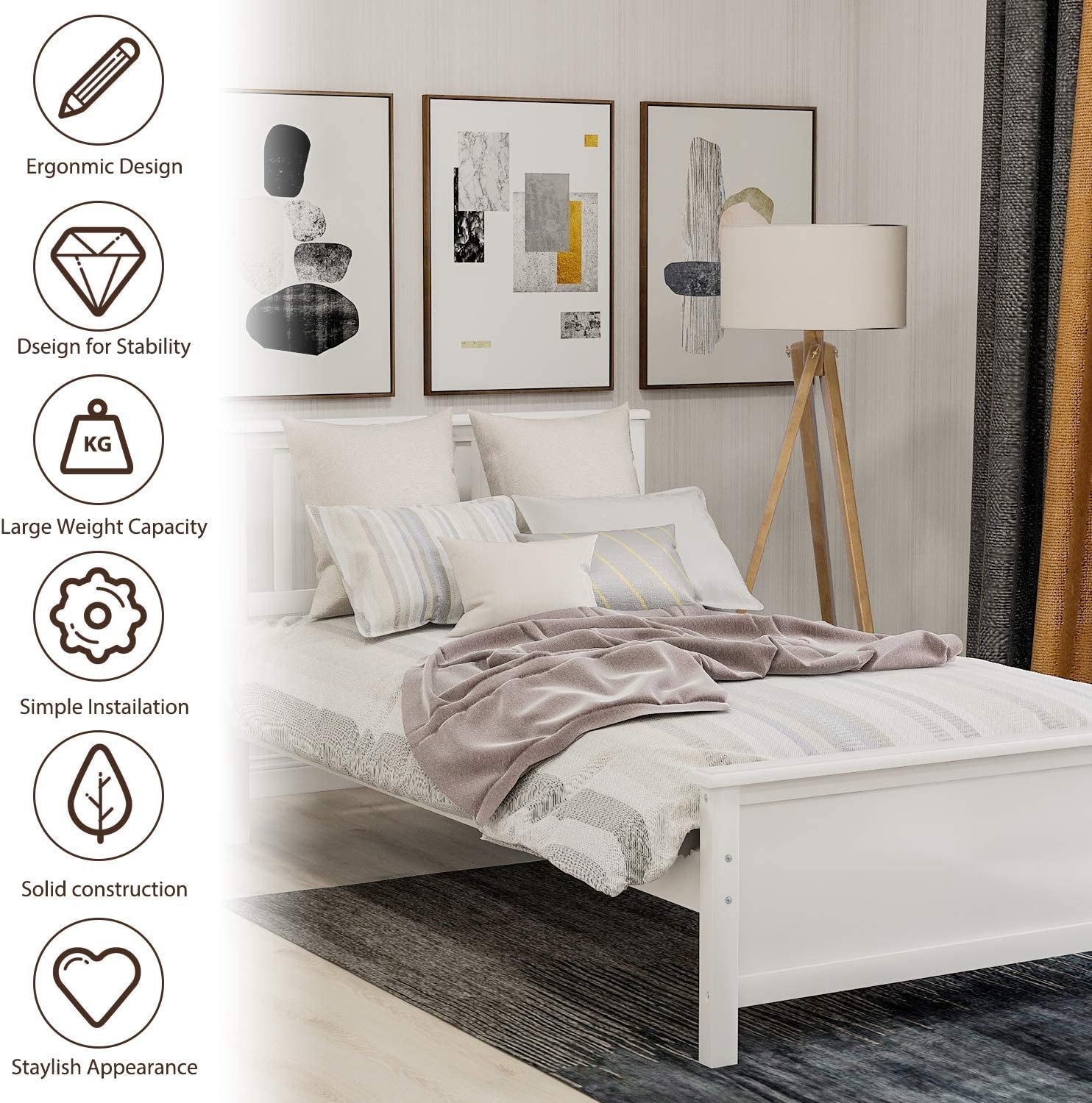Classic White Wood Twin Bed Frame with Headboard and Footboard - No Box Spring Required
