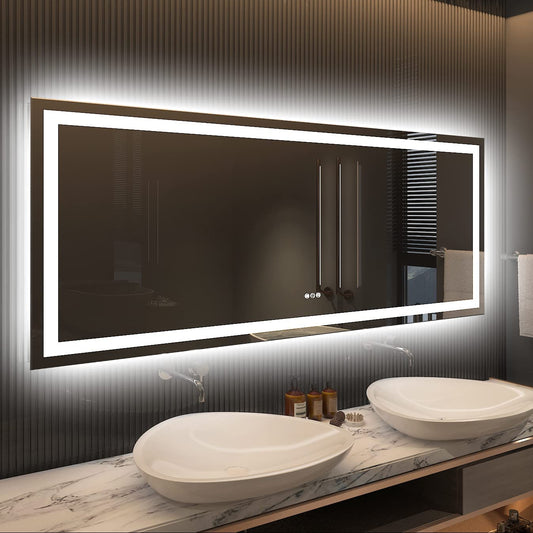 60" x 28" LED Wall-Mounted Bathroom Mirror with Backlit and Front-Lighted Features, Dimmable Makeup Functionality, Anti-Fog Technology, Memory Function, Three Color Options, Shatterproof Design, ETL Listed