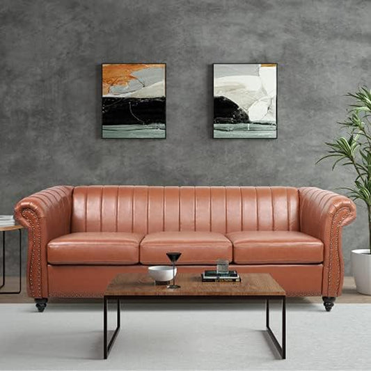 Chesterfield 3-Seater Sofa in PU Leather with Rolled Arms and Studded Accents, Featuring Rotating Solid Wood Legs for Living Room (Bronze)