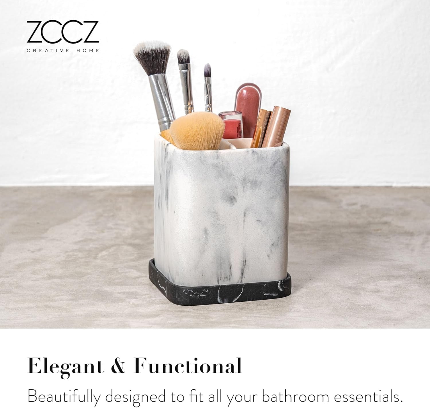 Marble-Effect Electric Toothbrush and Makeup Brush Holder with Detachable Tray - Bathroom Organizer for Countertop Use
