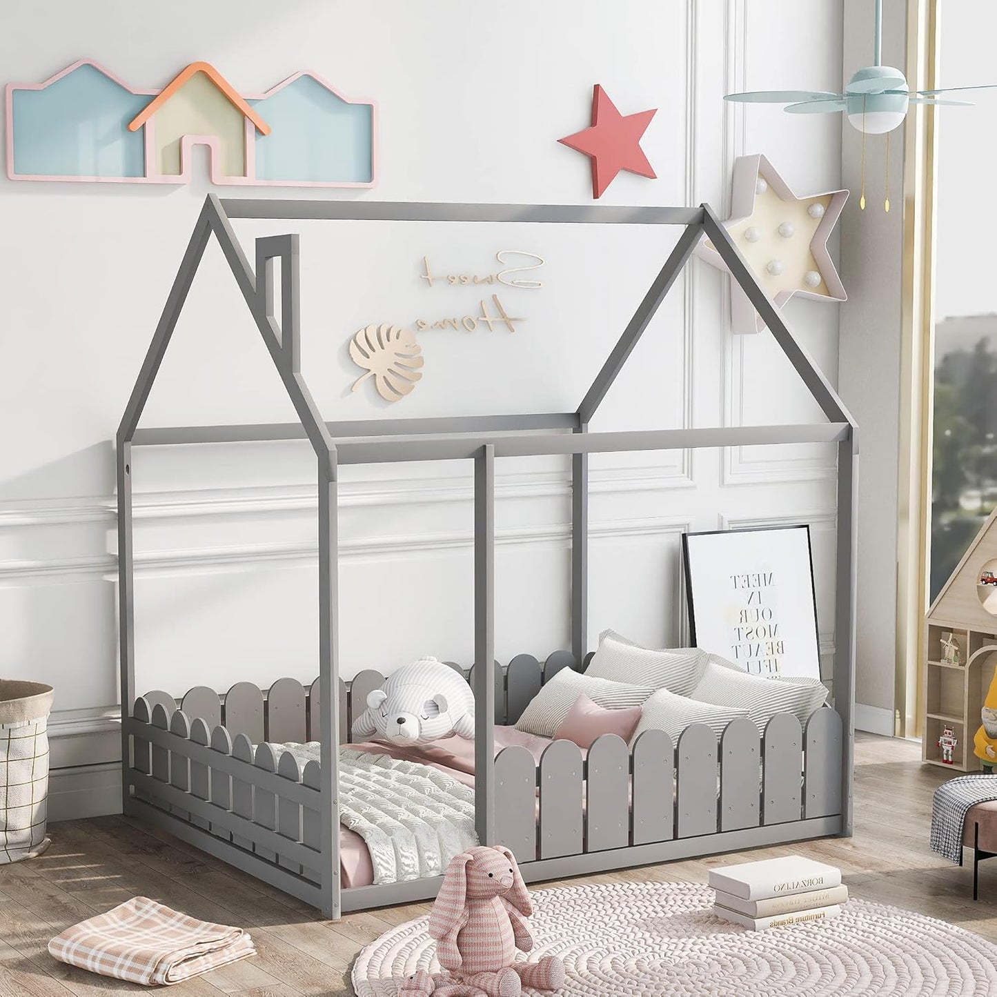 Full-Size House Bed for Children with Roof and Fence, Wooden Bed Frame for Kids, Teens, and Nursery, Easy Assembly Cabin Floor Bed