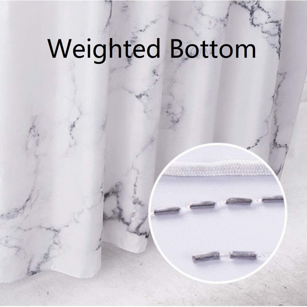 Grey and White Marble Shower Curtain with Hooks, Unique 3D Print Design, Waterproof Fabric, Reinforced Metal Grommets, Standard Size 72x72 Inches