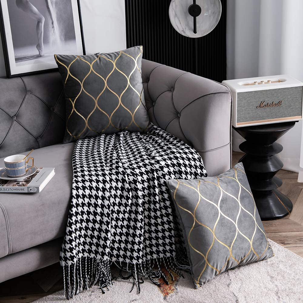 Gold Velvet Decorative Throw Pillow Covers - Set of 2, 18x18 Inch Square Cases for Bedroom, Sofa, and Living Room, Light Grey