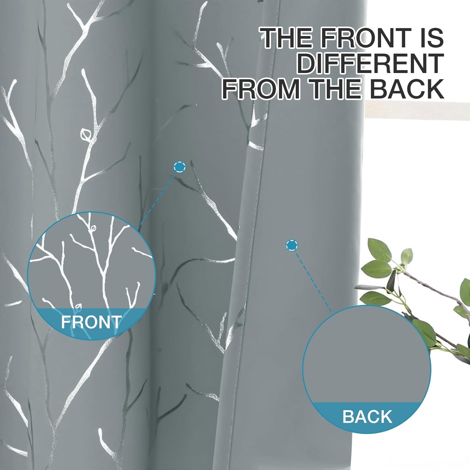 Elegant Light Grey Blackout Curtains with Silver Tree Branch Print, 63-Inch Length, Set of 2 Panels, 38W x 63L