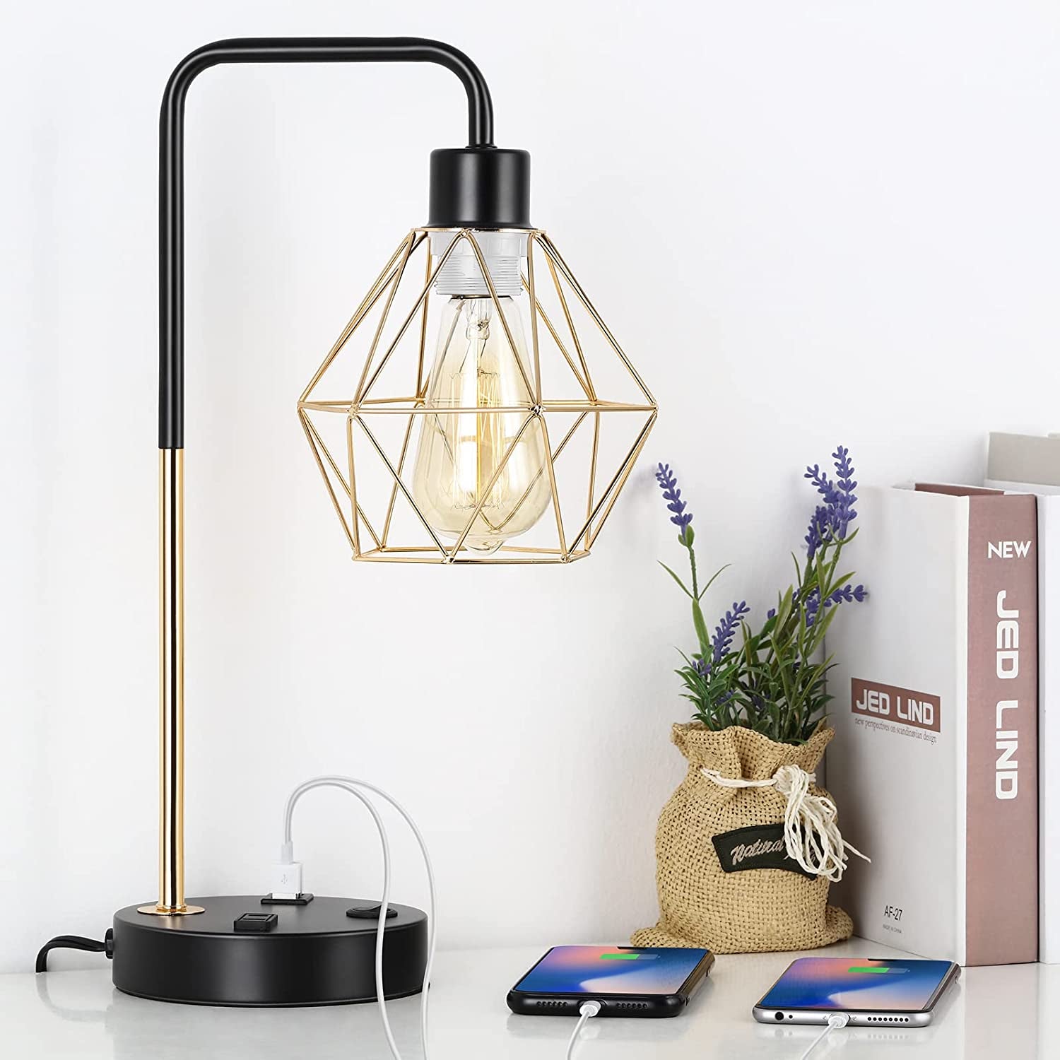 Industrial USB Desk Lamp - Vintage Gold Metal Cage Table Lamp with Dual USB Ports and AC Outlet for Bedroom, Living Room, and Office