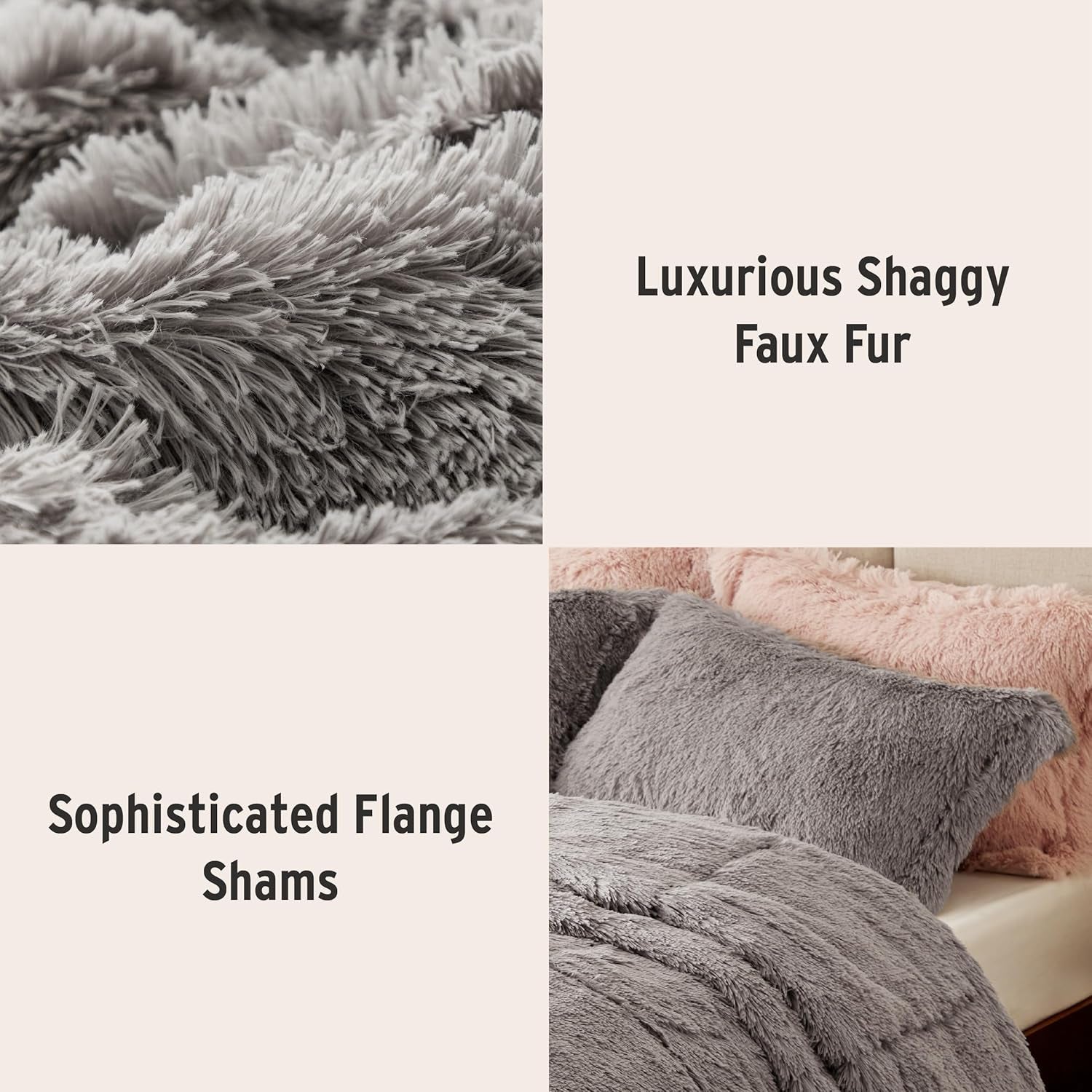 Malea Shaggy Comforter Set - Long Faux Fur Cozy Down Alternative, Modern Ultra Soft All-Season Bedding with Matching Sham, King/Cal King, Grey, 3 Piece