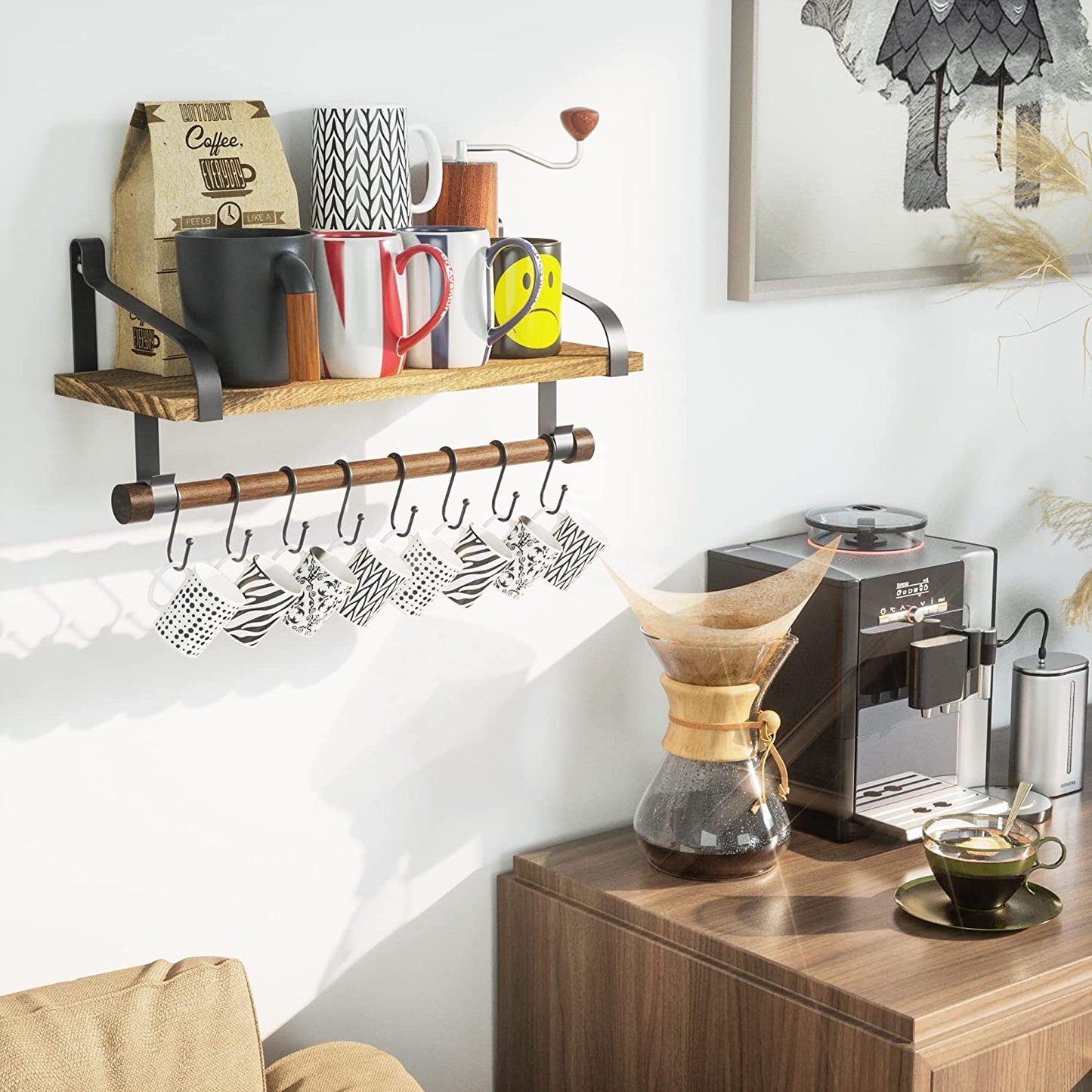 Rustic Carbonized Black Floating Shelf with Towel Bar and 8 Removable Hooks for Kitchen Spice Organization and Utensil Storage