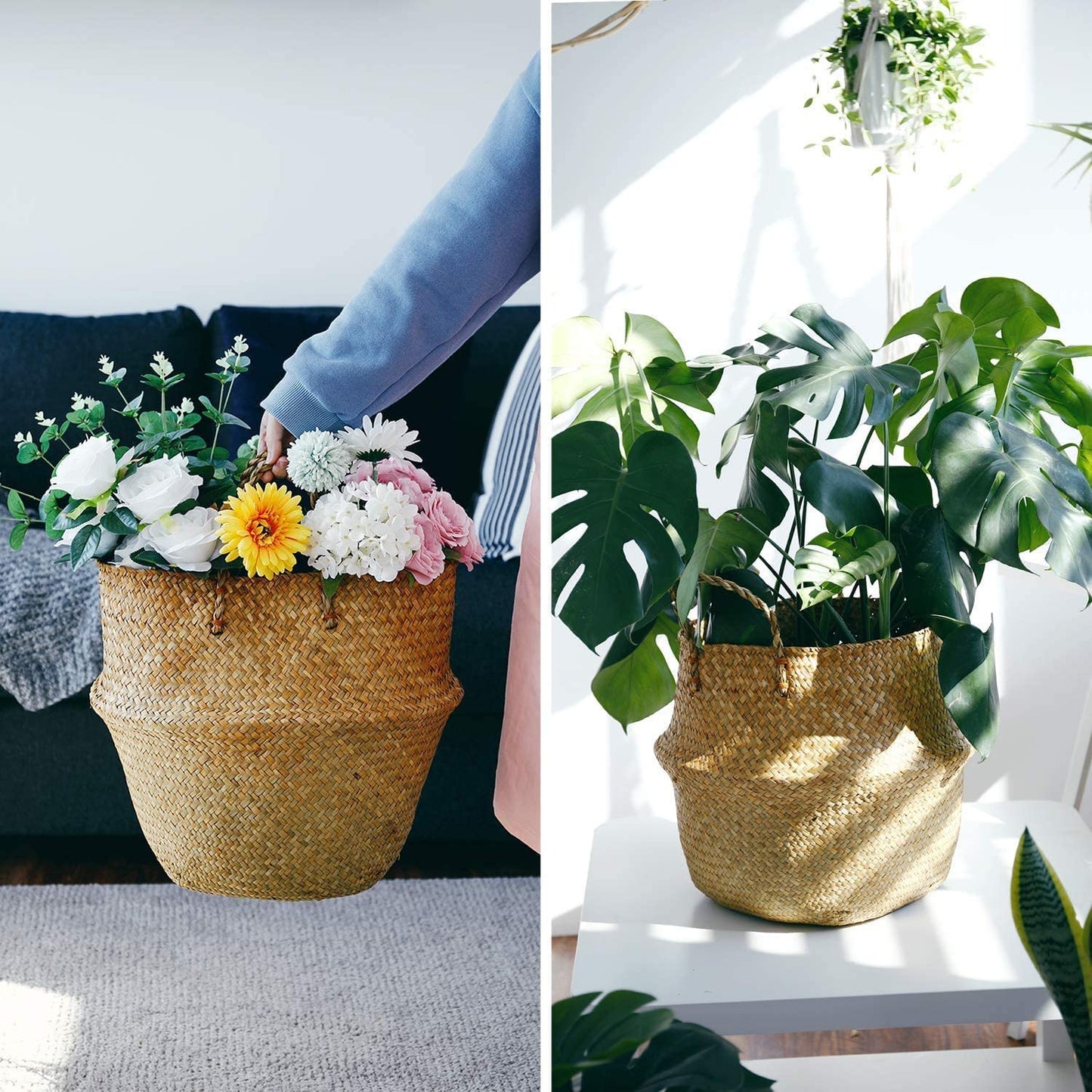 720303 Set of 2 Hand Woven Seagrass Plant Baskets with Handles - Versatile Storage Solution for Laundry, Picnics, Plant Pot Cover, Home Decor, and Beach Bag (Extra Large, Brown)